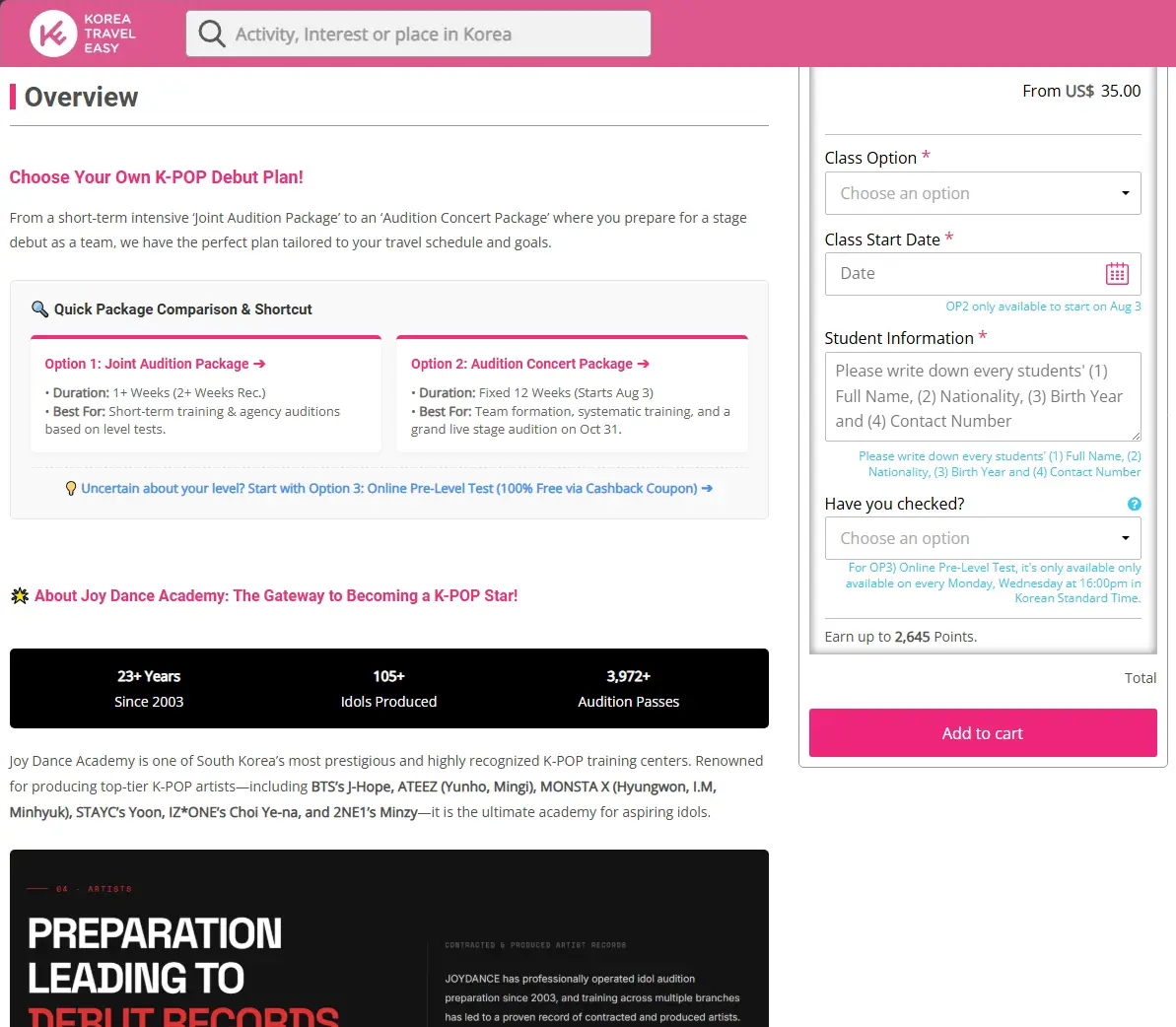 The JOYDANCE K-pop idol training and audition package as listed for sale on KoreaTravelEasy